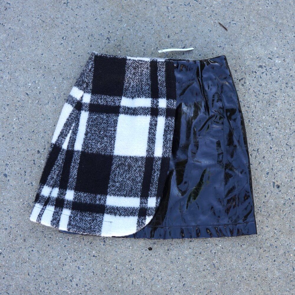 ASOS Plaid Faux Leather Mixed Media Mini Skirt US 4 Grunge Dark Academia Winter